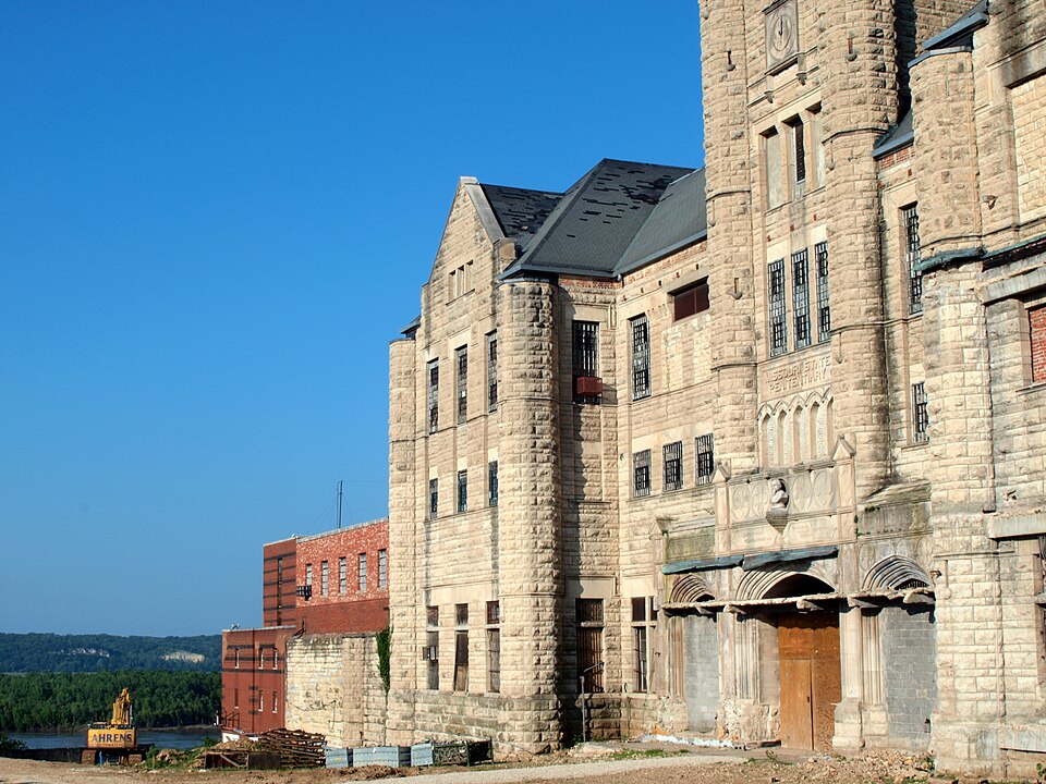 Historic Missouri State Penitentiary stone facade in Jefferson City, Missouri; an archival exterior view.