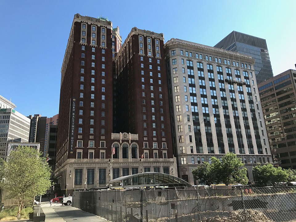 Tall brick facade of the Lord Baltimore Hotel in Baltimore, Maryland.