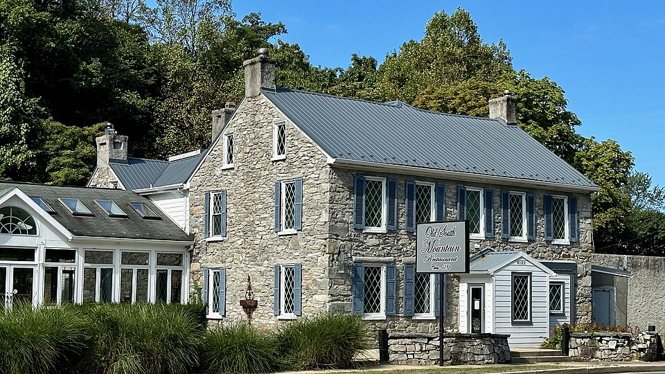 Stone exterior and front porch of Old South Mountain Inn at Turner’s Gap, Maryland.
