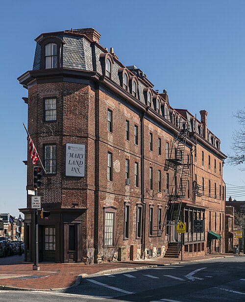 Maryland Inn brick exterior on an Annapolis street corner, Maryland.