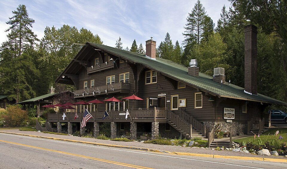 Belton Chalet exterior beside the road and forest in West Glacier, Montana.
